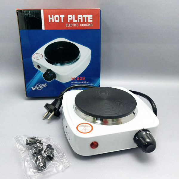 Электрическая настольная плита (одноконфорочная) HOT PLATE H-009 (220V, 500W, световой индикатор, 5 уровней мощности, чугунный диск 105мм), Белый цвет